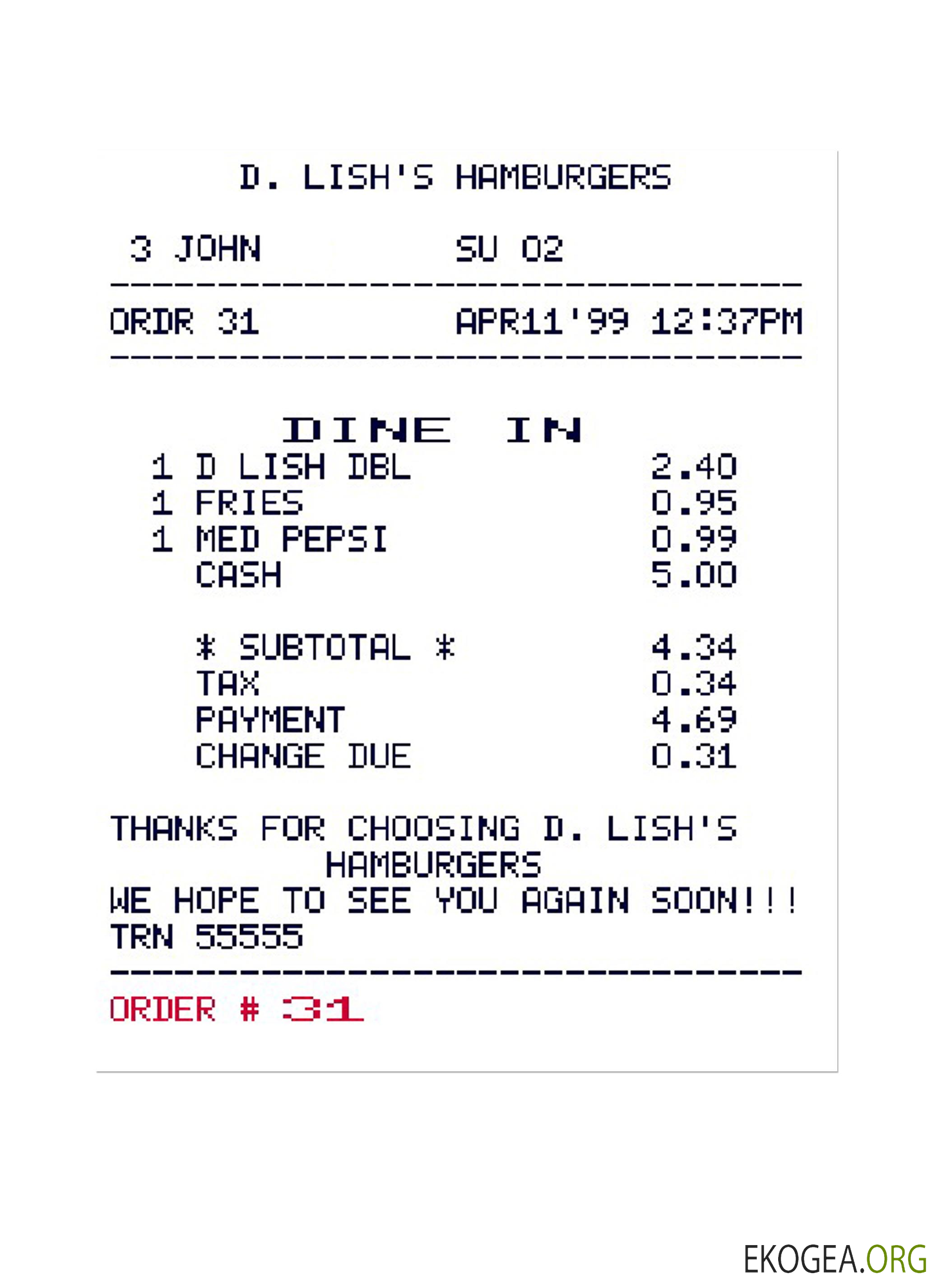 Chèque de paiement D. LISH'S HAMBURGERS